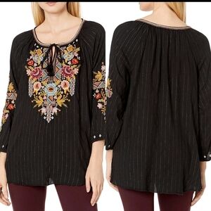 Johnny Was Clancy Black Tunic with Multicolor Floral Embroidery
